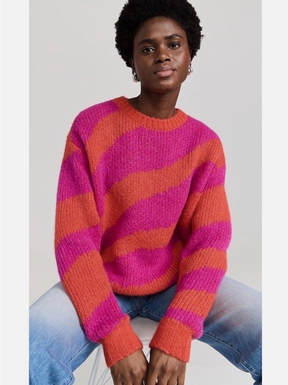 Mother alpaca The Biggie Jumper sweater pink and orange wavy stripe pattern
